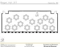 Plan view of the classroom that provides room capacity, seating locations and exits. Contact information is in the footer