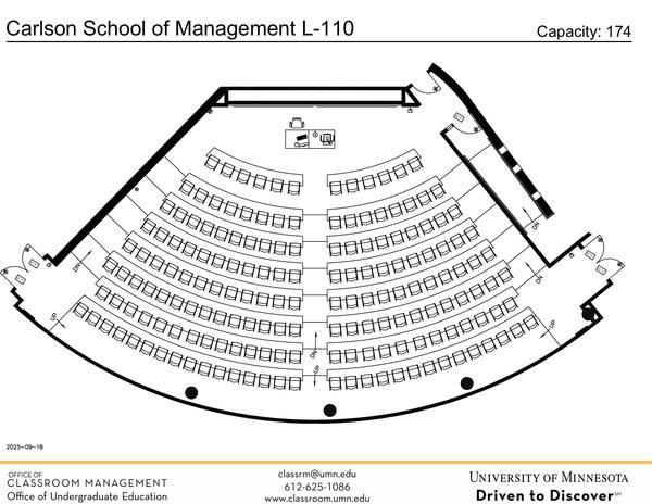 Plan view of the classroom that provides room capacity, seating locations and exits. Contact information is in the footer