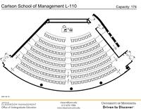 Plan view of the classroom that provides room capacity, seating locations and exits. Contact information is in the footer