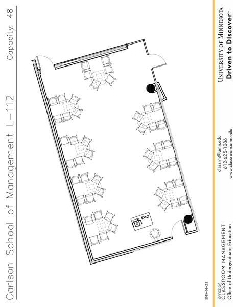 Plan view of the classroom that provides room capacity, seating locations and exits. Contact information is in the footer