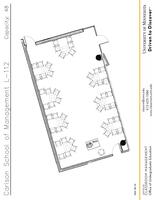 Plan view of the classroom that provides room capacity, seating locations and exits. Contact information is in the footer