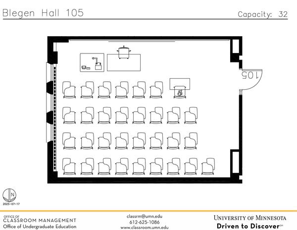 Plan view of the classroom that provides room capacity, seating locations and exits. Contact information is in the footer