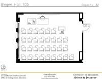 Plan view of the classroom that provides room capacity, seating locations and exits. Contact information is in the footer