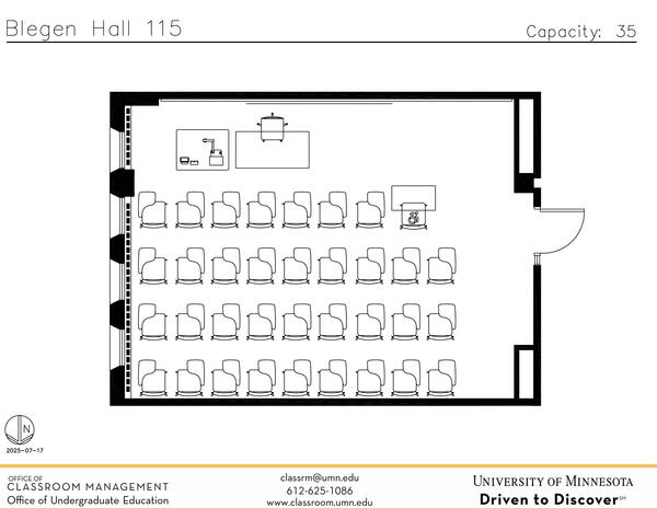 Plan view of the classroom that provides room capacity, seating locations and exits. Contact information is in the footer
