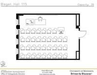 Plan view of the classroom that provides room capacity, seating locations and exits. Contact information is in the footer