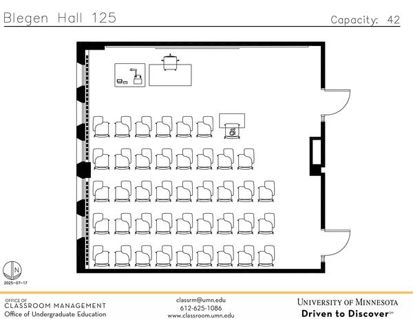 Plan view of the classroom that provides room capacity, seating locations and exits. Contact information is in the footer