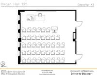 Plan view of the classroom that provides room capacity, seating locations and exits. Contact information is in the footer
