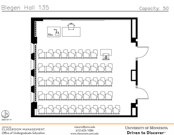 Plan view of the classroom that provides room capacity, seating locations and exits. Contact information is in the footer