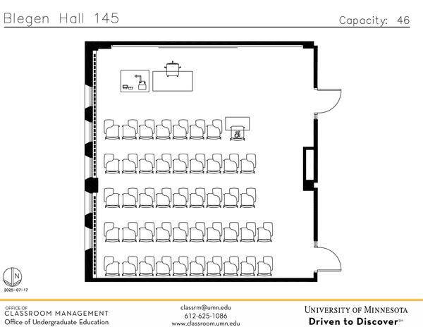 Plan view of the classroom that provides room capacity, seating locations and exits. Contact information is in the footer