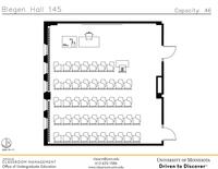 Plan view of the classroom that provides room capacity, seating locations and exits. Contact information is in the footer