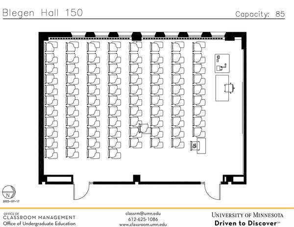 Plan view of the classroom that provides room capacity, seating locations and exits. Contact information is in the footer