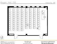 Plan view of the classroom that provides room capacity, seating locations and exits. Contact information is in the footer