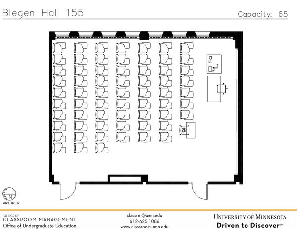 Plan view of the classroom that provides room capacity, seating locations and exits. Contact information is in the footer