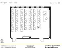Plan view of the classroom that provides room capacity, seating locations and exits. Contact information is in the footer