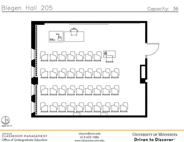 Plan view of the classroom that provides room capacity, seating locations and exits. Contact information is in the footer