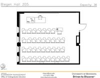 Plan view of the classroom that provides room capacity, seating locations and exits. Contact information is in the footer