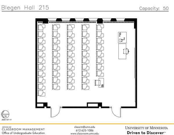 Plan view of the classroom that provides room capacity, seating locations and exits. Contact information is in the footer