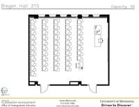 Plan view of the classroom that provides room capacity, seating locations and exits. Contact information is in the footer