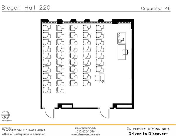 Plan view of the classroom that provides room capacity, seating locations and exits. Contact information is in the footer