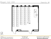 Plan view of the classroom that provides room capacity, seating locations and exits. Contact information is in the footer