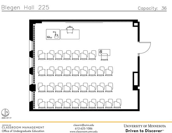 Plan view of the classroom that provides room capacity, seating locations and exits. Contact information is in the footer