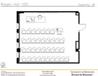 Plan view of the classroom that provides room capacity, seating locations and exits. Contact information is in the footer