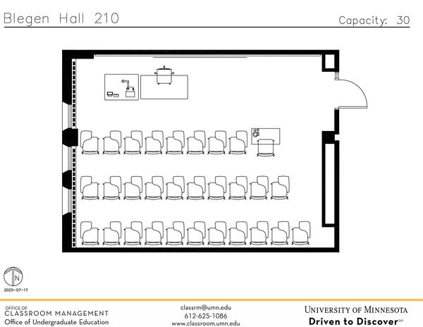 Plan view of the classroom that provides room capacity, seating locations and exits. Contact information is in the footer