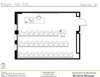 Plan view of the classroom that provides room capacity, seating locations and exits. Contact information is in the footer