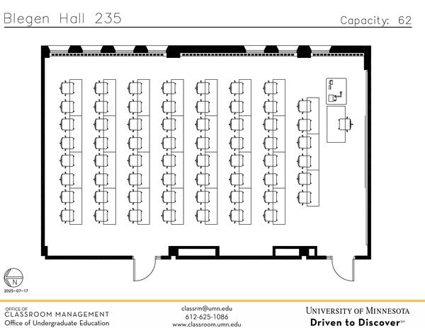 Plan view of the classroom that provides room capacity, seating locations and exits. Contact information is in the footer