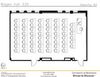 Plan view of the classroom that provides room capacity, seating locations and exits. Contact information is in the footer
