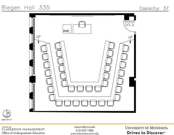 Plan view of the classroom that provides room capacity, seating locations and exits. Contact information is in the footer