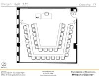 Plan view of the classroom that provides room capacity, seating locations and exits. Contact information is in the footer