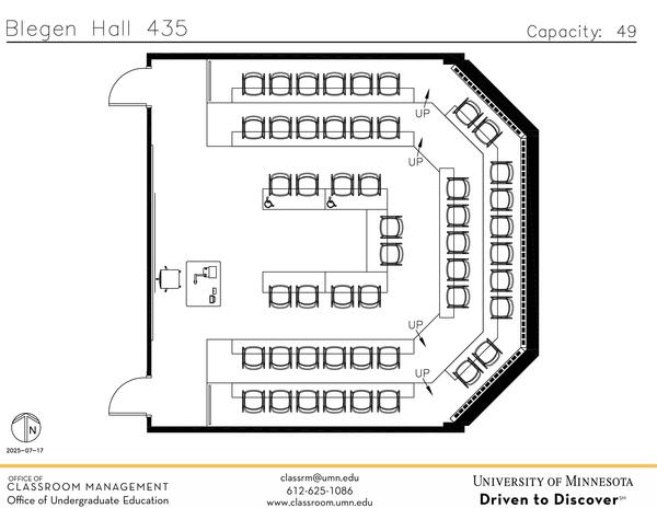 Plan view of the classroom that provides room capacity, seating locations and exits. Contact information is in the footer