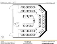 Plan view of the classroom that provides room capacity, seating locations and exits. Contact information is in the footer