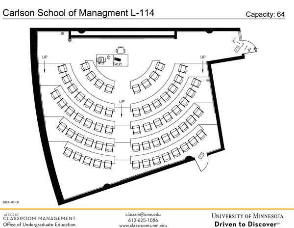 Plan view of the classroom that provides room capacity, seating locations and exits. Contact information is in the footer