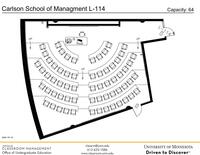 Plan view of the classroom that provides room capacity, seating locations and exits. Contact information is in the footer