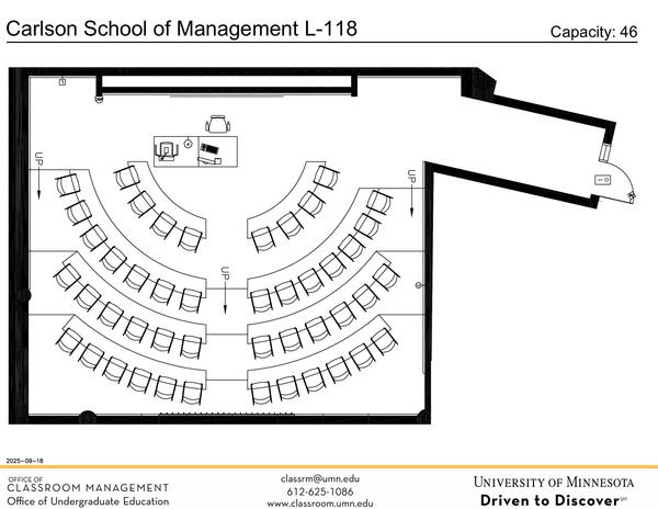 Plan view of the classroom that provides room capacity, seating locations and exits. Contact information is in the footer