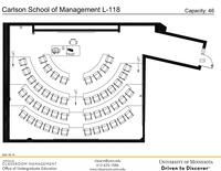 Plan view of the classroom that provides room capacity, seating locations and exits. Contact information is in the footer