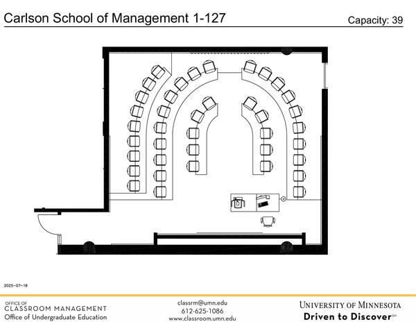 Plan view of the classroom that provides room capacity, seating locations and exits. Contact information is in the footer
