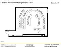 Plan view of the classroom that provides room capacity, seating locations and exits. Contact information is in the footer