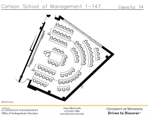 Plan view of the classroom that provides room capacity, seating locations and exits. Contact information is in the footer
