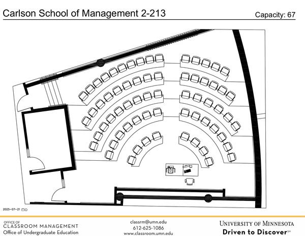 Plan view of the classroom that provides room capacity, seating locations and exits. Contact information is in the footer