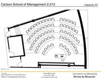 Plan view of the classroom that provides room capacity, seating locations and exits. Contact information is in the footer