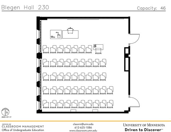Plan view of the classroom that provides room capacity, seating locations and exits. Contact information is in the footer