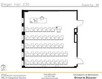 Plan view of the classroom that provides room capacity, seating locations and exits. Contact information is in the footer