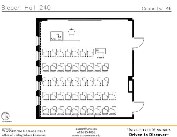 Plan view of the classroom that provides room capacity, seating locations and exits. Contact information is in the footer