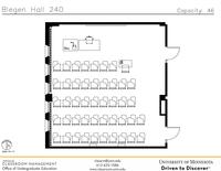 Plan view of the classroom that provides room capacity, seating locations and exits. Contact information is in the footer