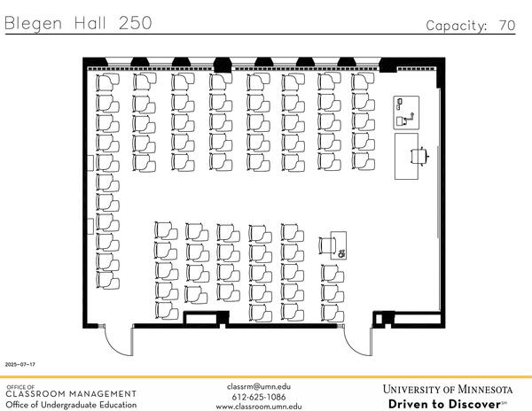 Plan view of the classroom that provides room capacity, seating locations and exits. Contact information is in the footer