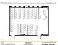 Plan view of the classroom that provides room capacity, seating locations and exits. Contact information is in the footer