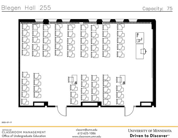Plan view of the classroom that provides room capacity, seating locations and exits. Contact information is in the footer